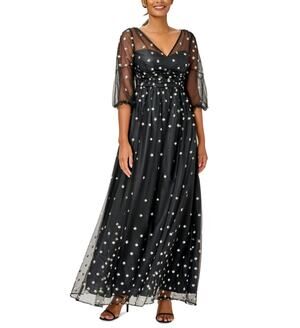 Adrianna Papell Black and Gold Evening Gown Glitter Dot A-Line Long Dress Size 6